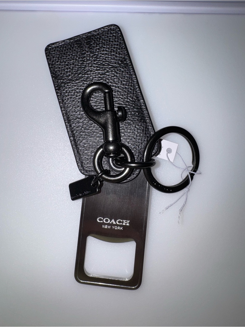 NWT Coach Bottle Opener Key Fob Keychain Black Leather Gunmetal